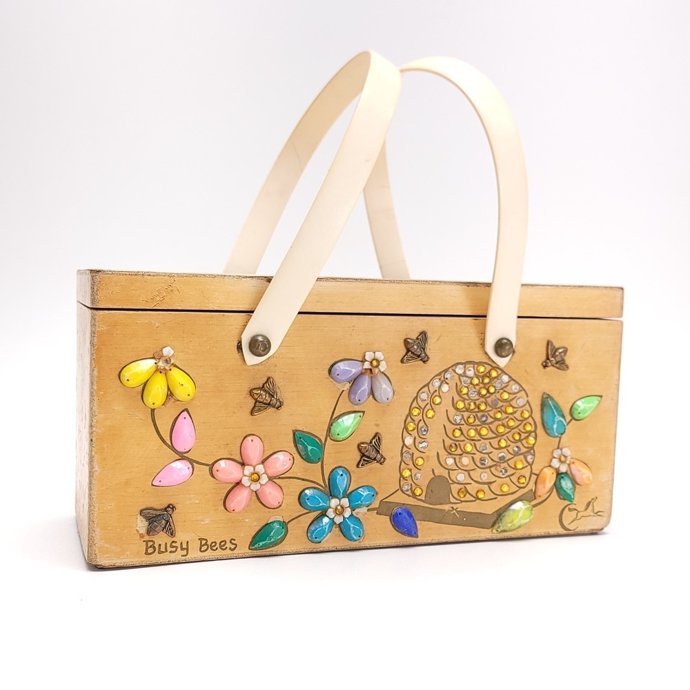 Enid Collins Of Texas 1960's Wood Box Purse "Busy‎ Bees" Boho Vintage Handbag